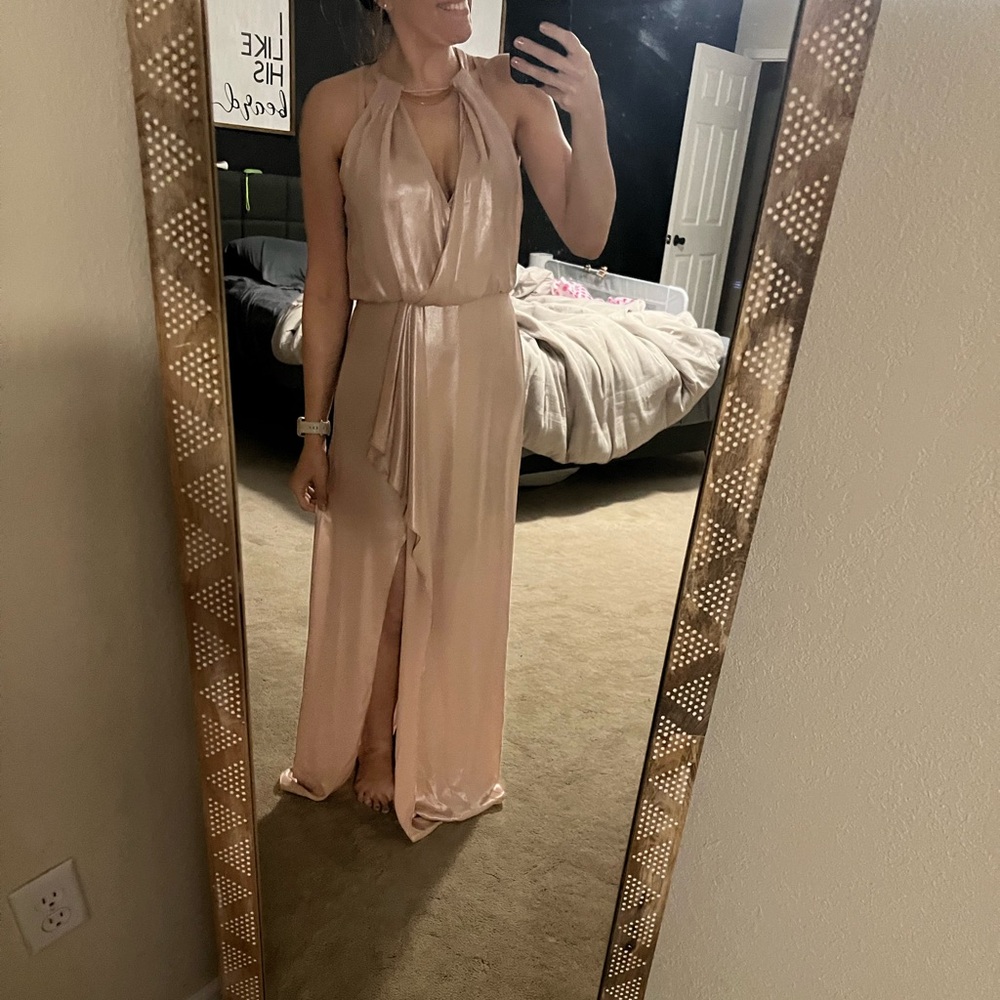 XSCAPE Woman's Formal Dress Size 4 Pink Metallic Chiffon Sleeveless Long Gown
